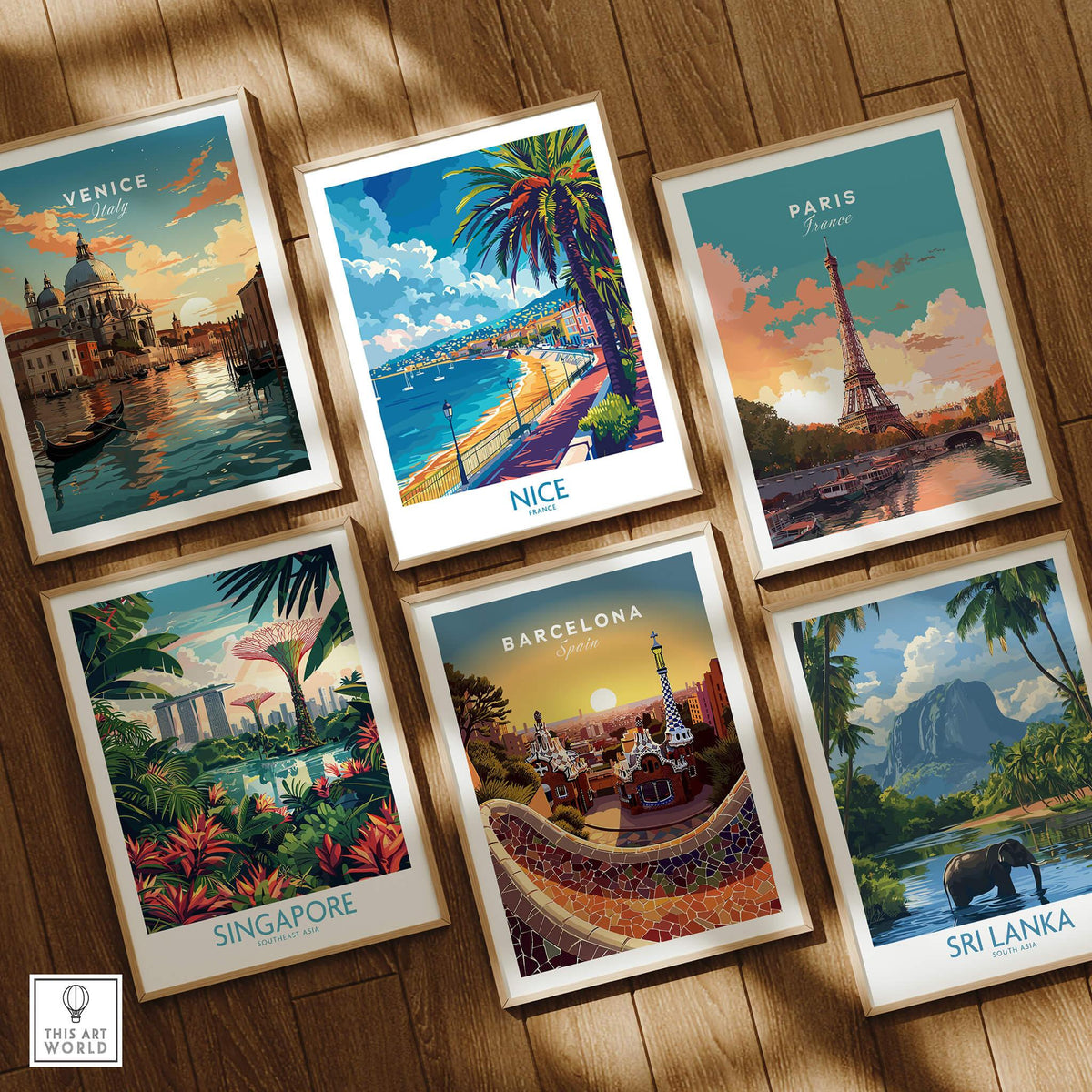 Nice Poster - French Riviera among travel posters including Venice, Paris, Barcelona, Singapore, and Sri Lanka.
