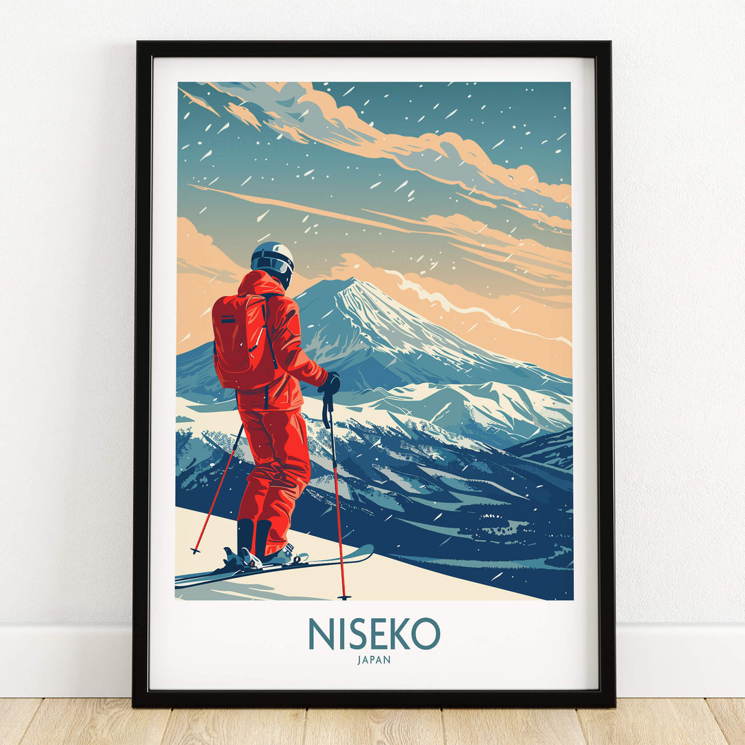 Niseko Ski Print - Japan featuring a skier overlooking the stunning mountains of Niseko, Japan in vibrant colors.