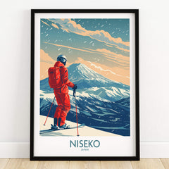 Niseko Ski Print - Japan featuring a skier overlooking the stunning mountains of Niseko, Japan in vibrant colors.
