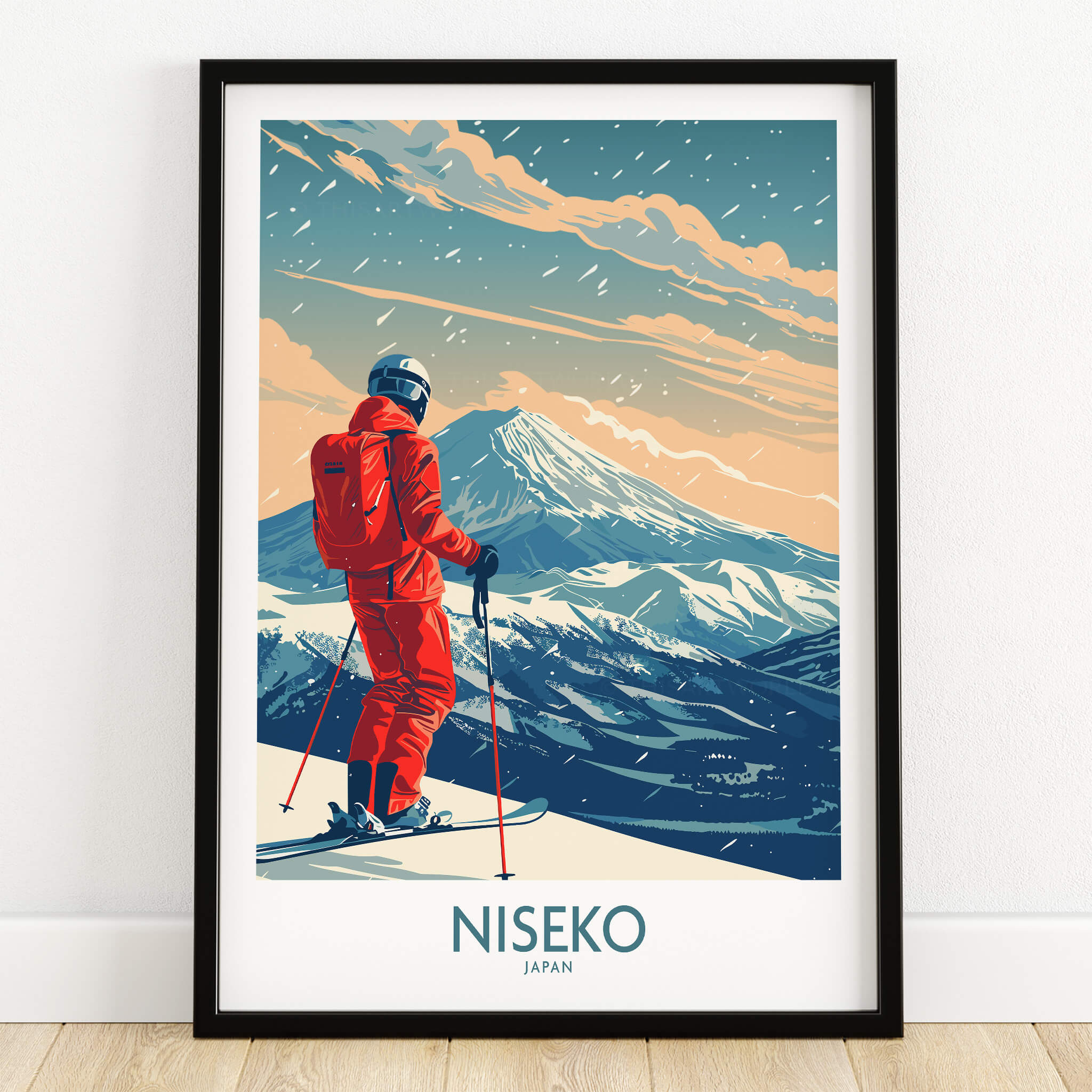 Niseko Ski Print - Japan featuring a skier overlooking the stunning mountains of Niseko, Japan in vibrant colors.