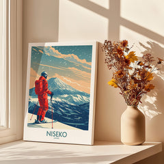 Niseko Ski Print - Japan, skier in red outfit admiring snow-capped mountains in a vibrant wall art print.