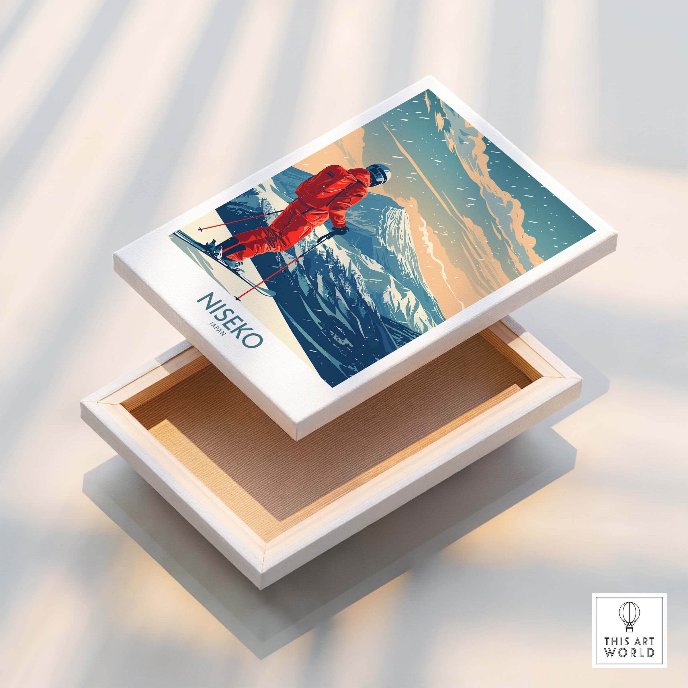 Niseko Ski Print - Japan showing a skier against a stunning landscape on a wooden box art piece.