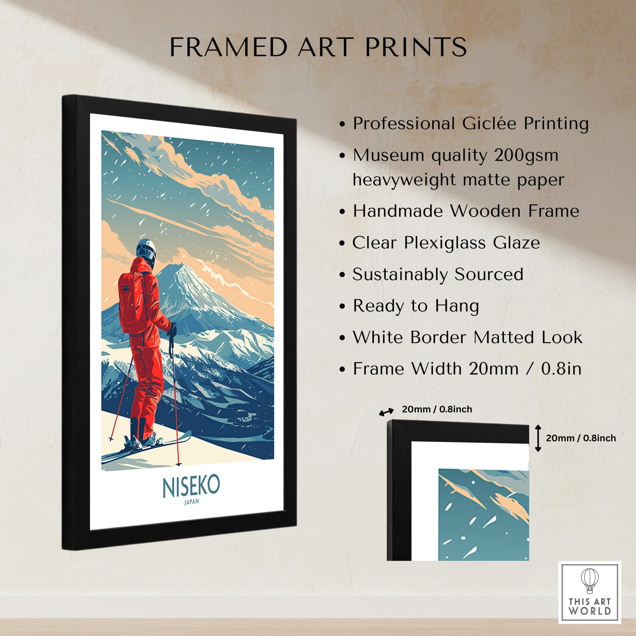 Niseko Ski Print - Japan framed art print featuring vibrant colors and ski theme with professional Giclée quality.