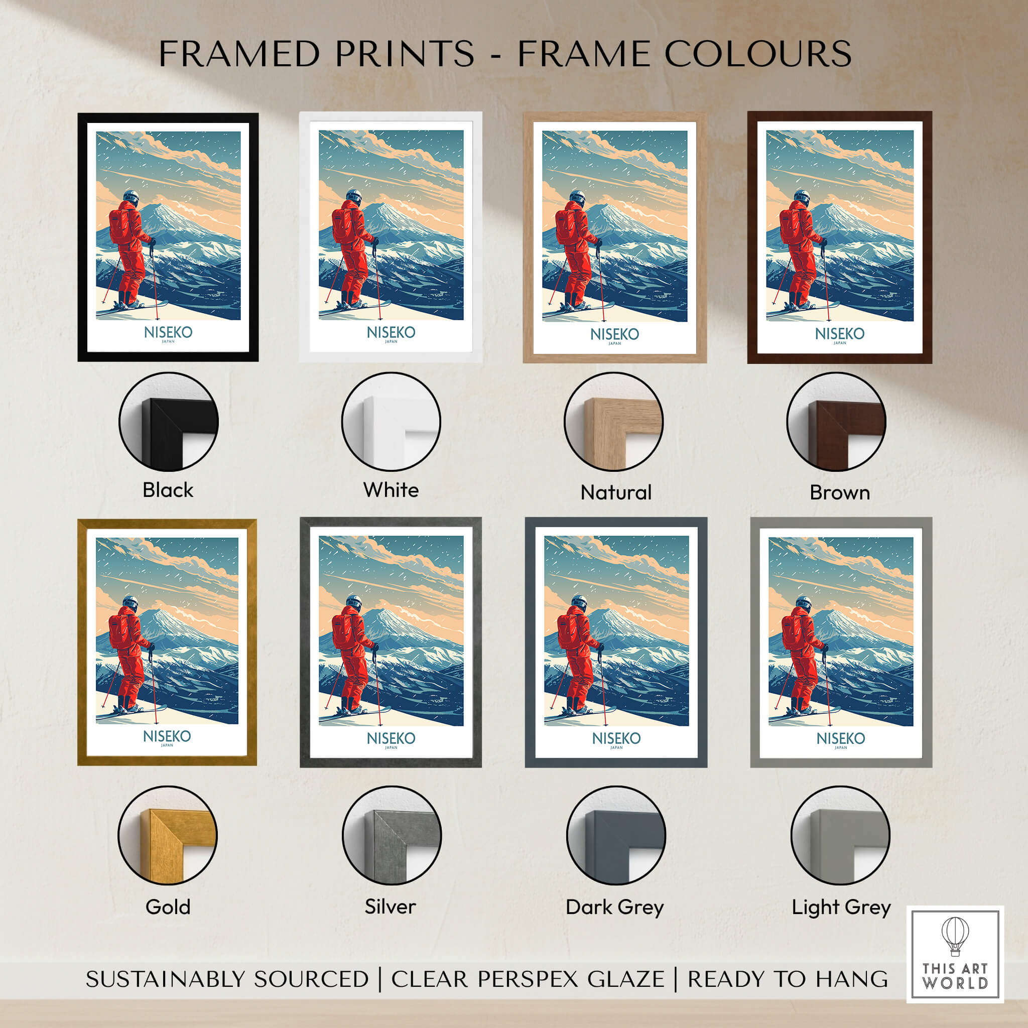 Niseko Ski Print - Japan framed print color options including Black, White, Natural, Brown, Gold, Silver, Dark Grey, Light Grey.