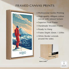 Niseko Ski Print - Japan framed canvas art showcasing a skier in a snowy mountain landscape, perfect for ski enthusiasts.