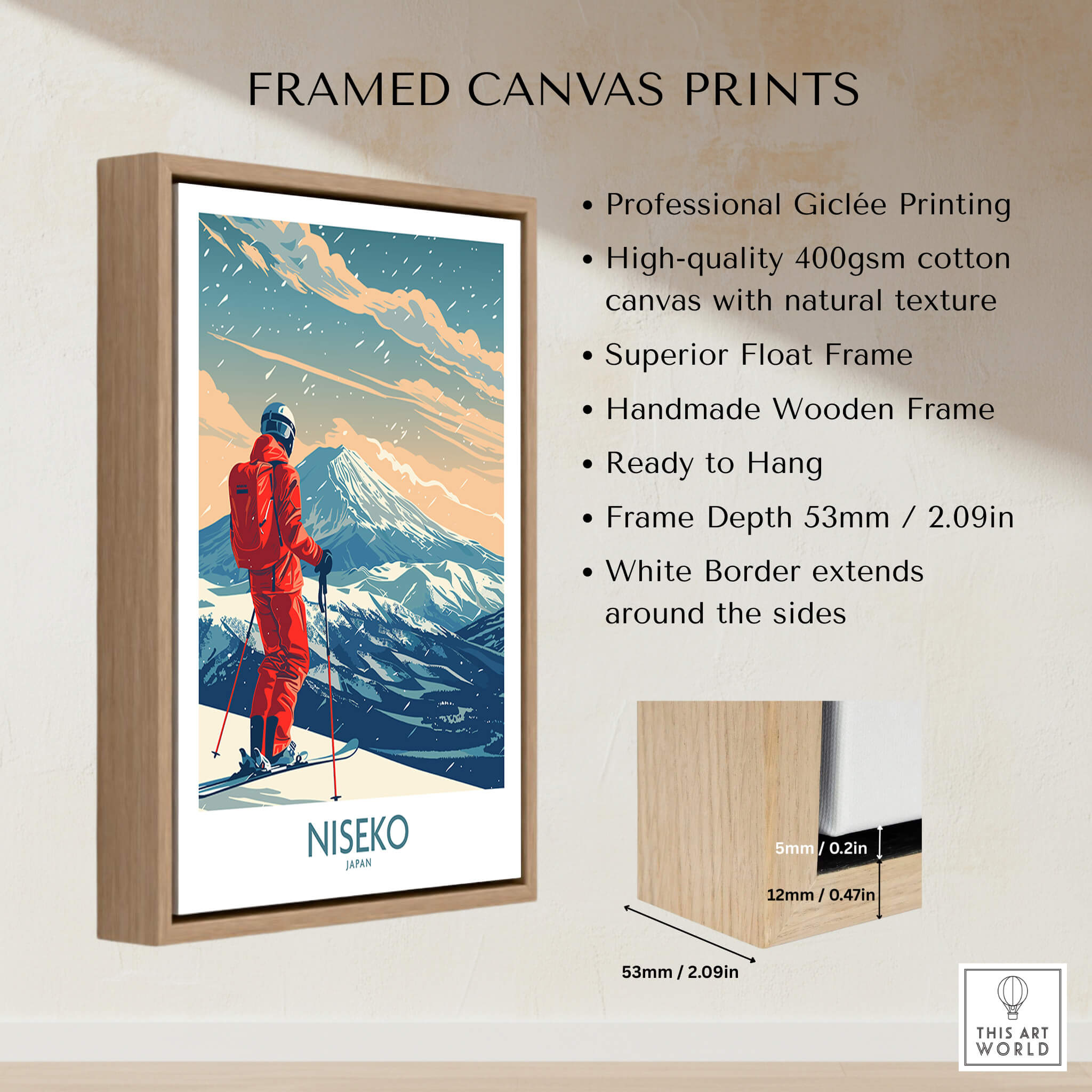 Niseko Ski Print - Japan framed canvas art showcasing a skier in a snowy mountain landscape, perfect for ski enthusiasts.
