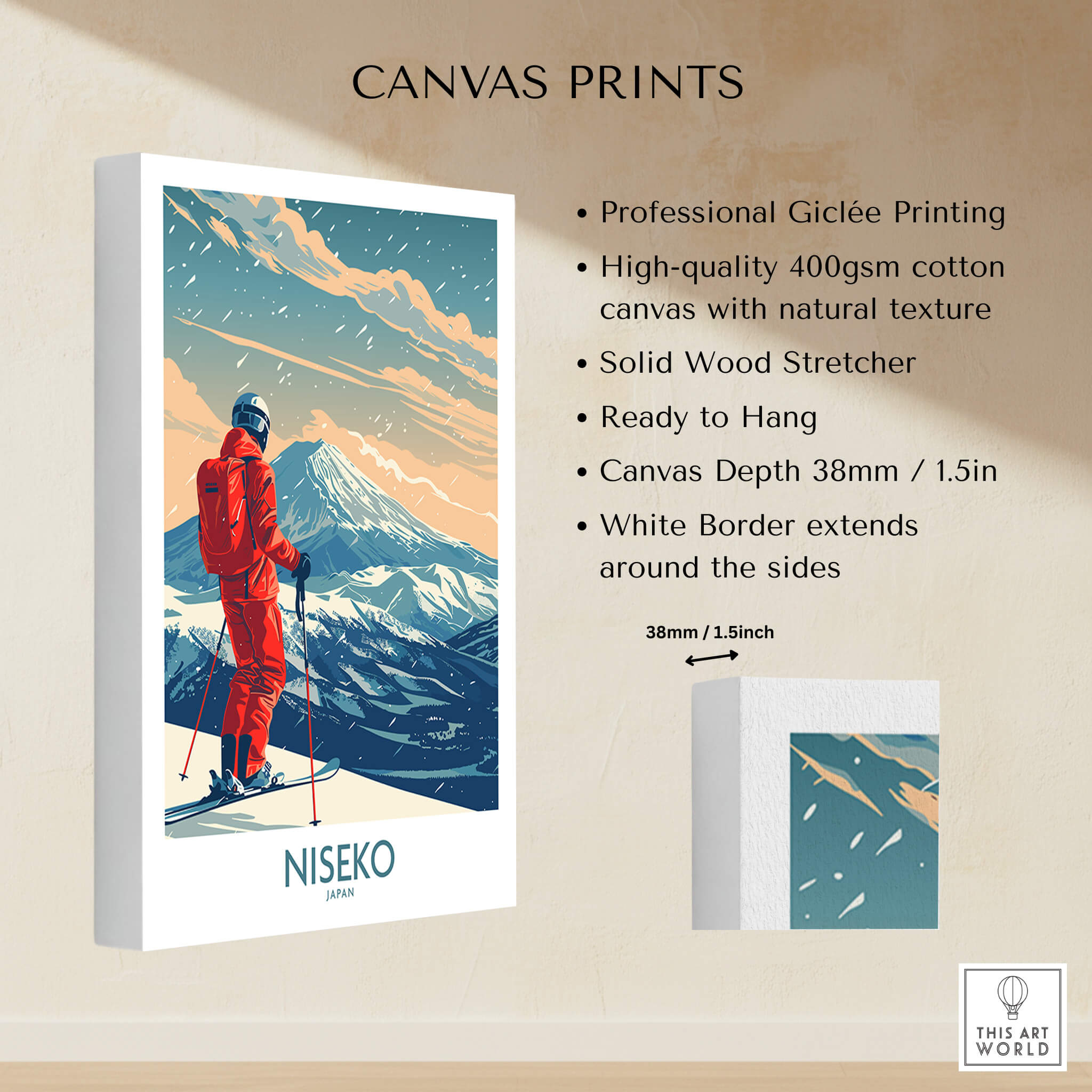 Niseko Ski Print -  Japan showcasing a skier on a mountain with vibrant colors and professional Giclée quality.