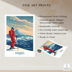 Niseko Ski Print - Japan featuring a skier against a mountain backdrop, showcasing stunning design and details.