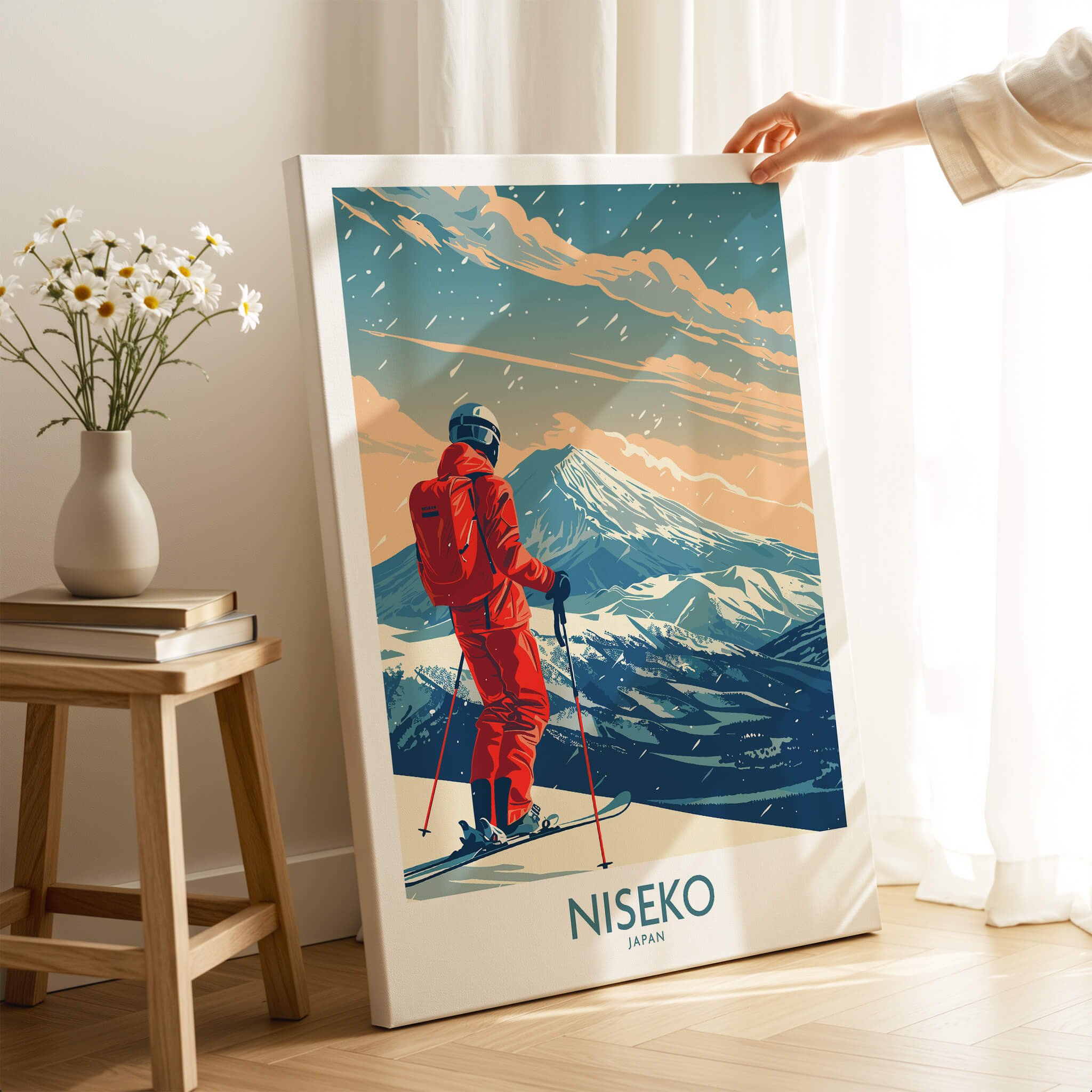 Niseko Ski Print -  Japan featuring a skier with a mountain backdrop in a cozy home setting.