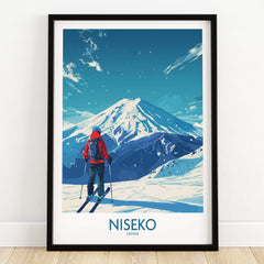 Niseko Ski Poster - Japan featuring a skier on snow-covered slopes with mountains in the background.