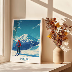 Niseko Ski Poster - Japan featuring a skier in front of snow-covered mountains and a vase of flowers.