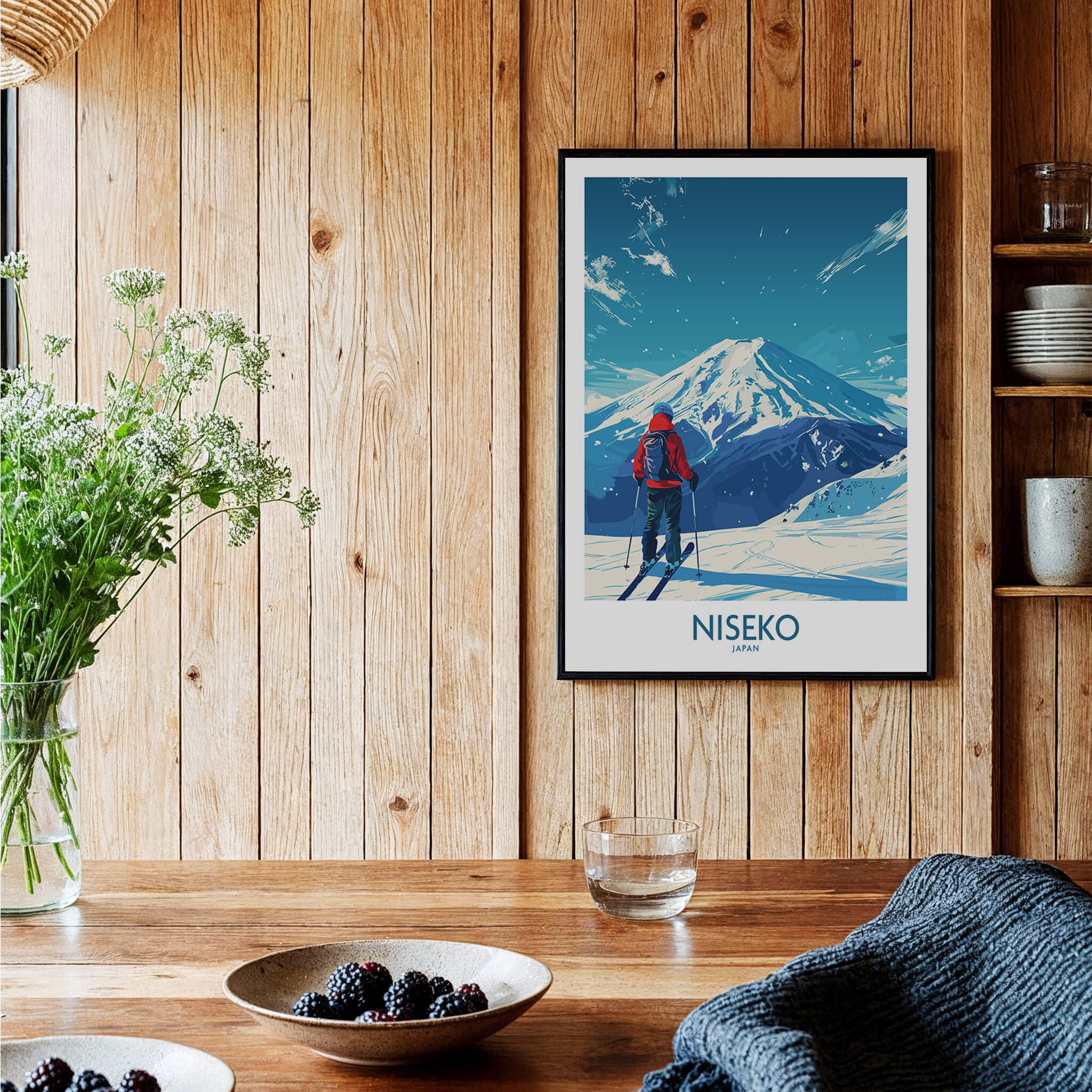 Niseko Ski Poster - Japan showcasing majestic snow-covered mountains and a skier, perfect for winter decor.