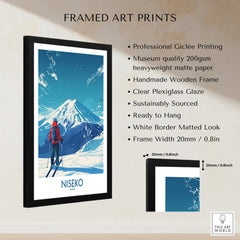 Niseko Ski Poster - Japan framed art print showcasing a snow-capped mountain and a skier in a vibrant winter scene.