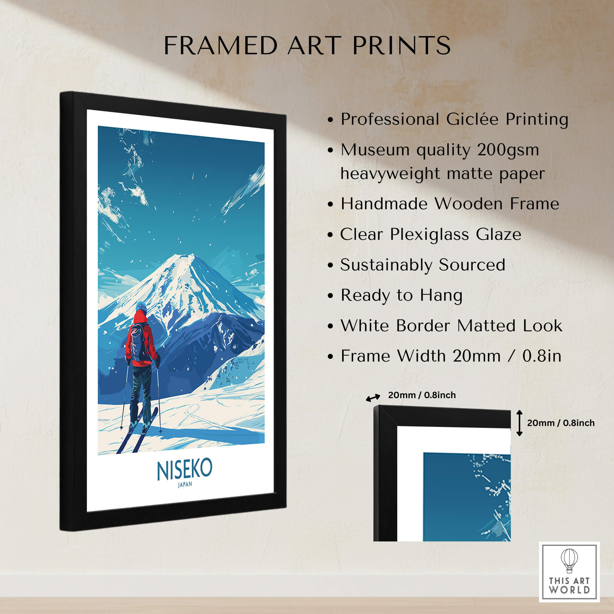 Niseko Ski Poster - Japan framed art print showcasing a snow-capped mountain and a skier in a vibrant winter scene.