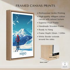 Niseko Ski Poster - Japan framed canvas print showcasing the spectacular snow-covered mountains and a skier.