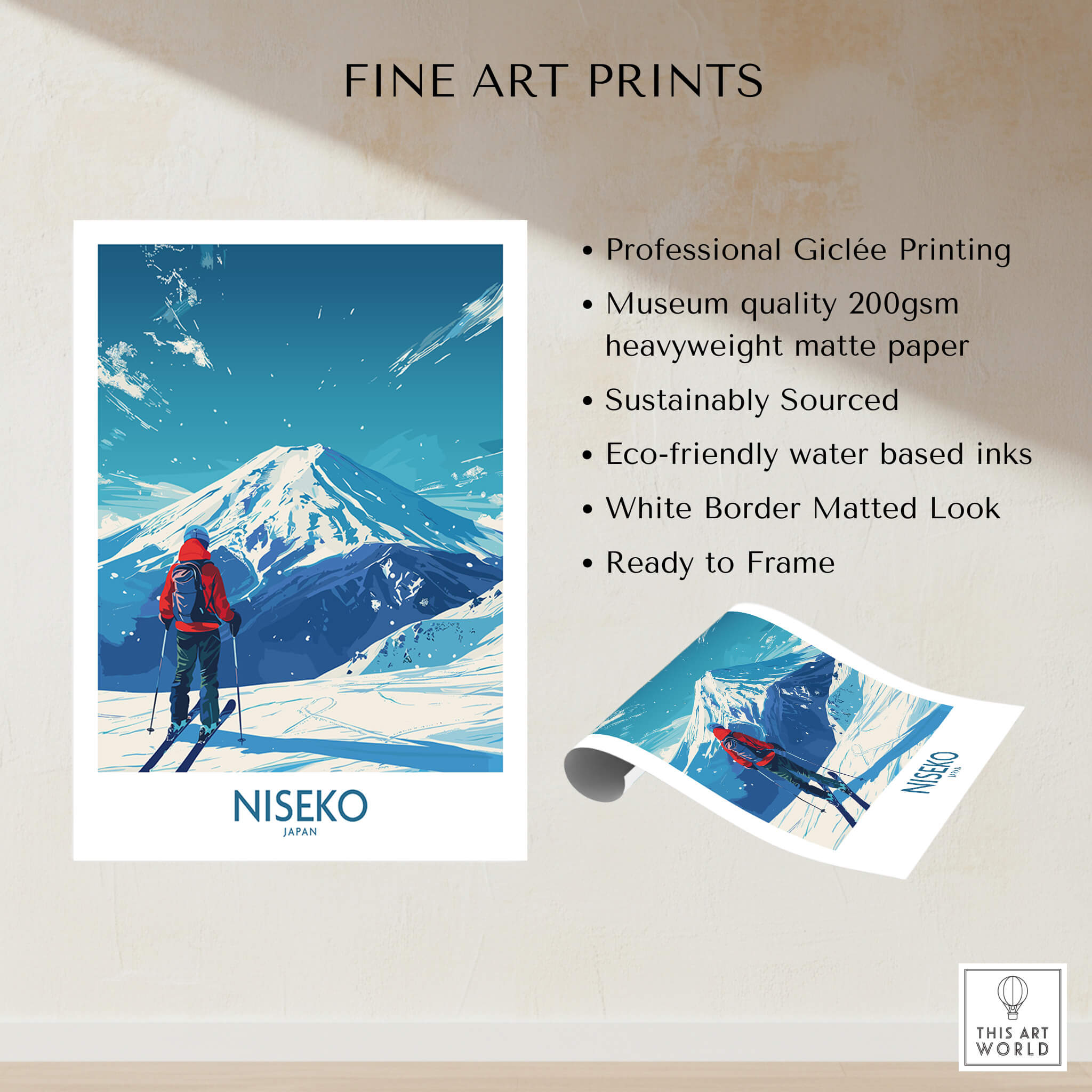 Niseko Ski Poster - Japan showcasing professional Giclée printing and a stunning winter landscape.