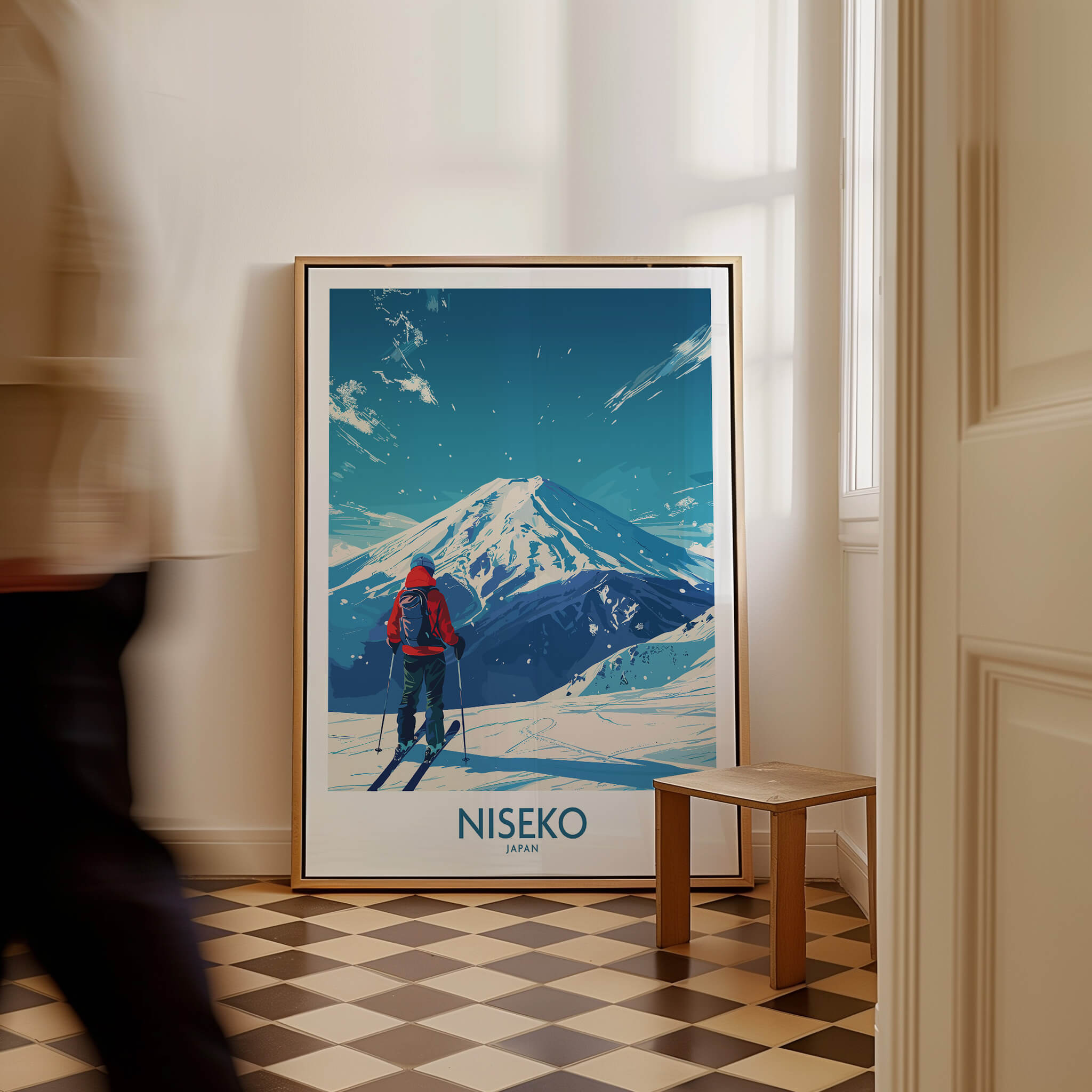 Niseko Ski Poster - Japan featuring a skier in front of snow-covered mountains, perfect for winter sports enthusiasts.