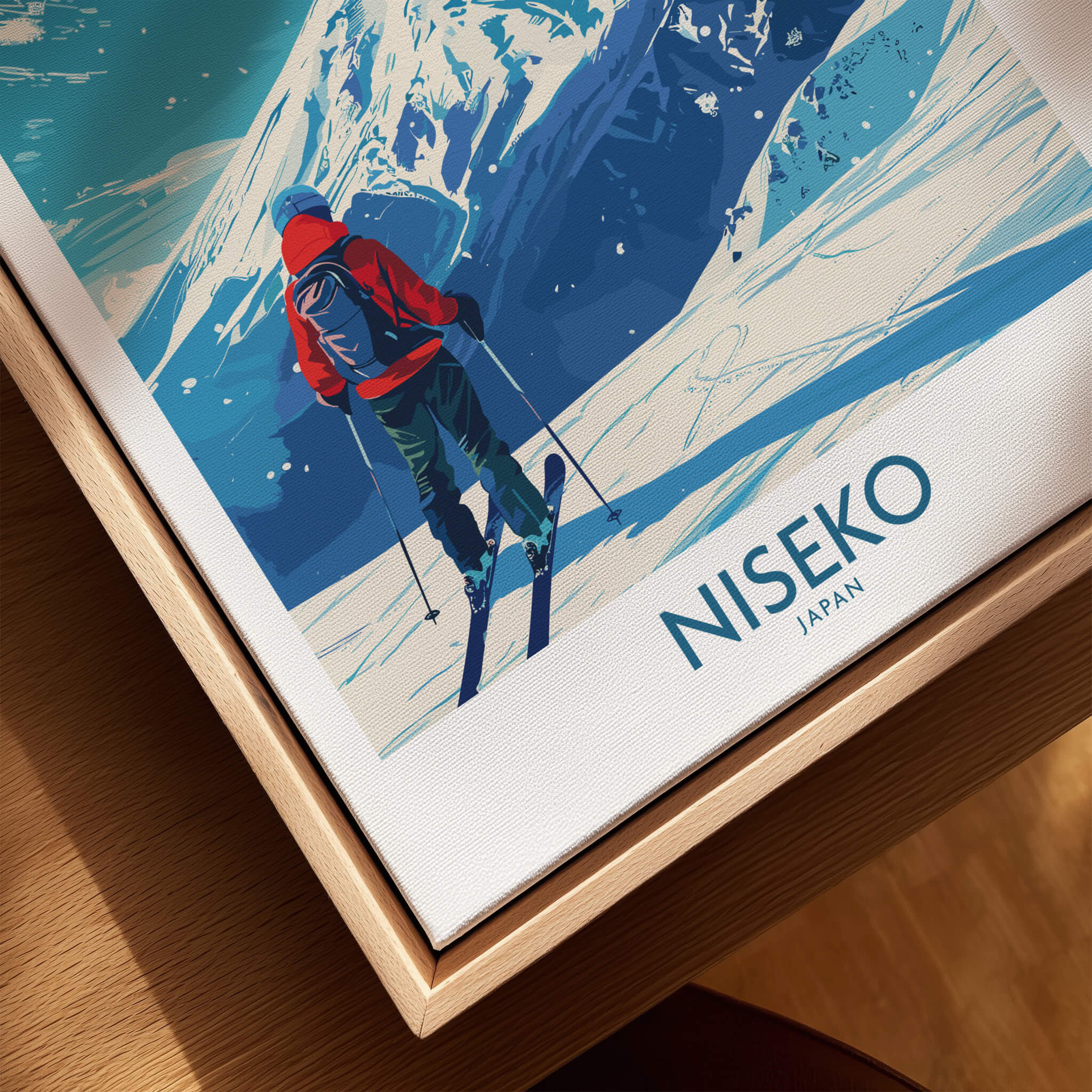 Niseko Ski Poster - Japan showcasing a skier on a snowy slope with majestic mountains in the background.