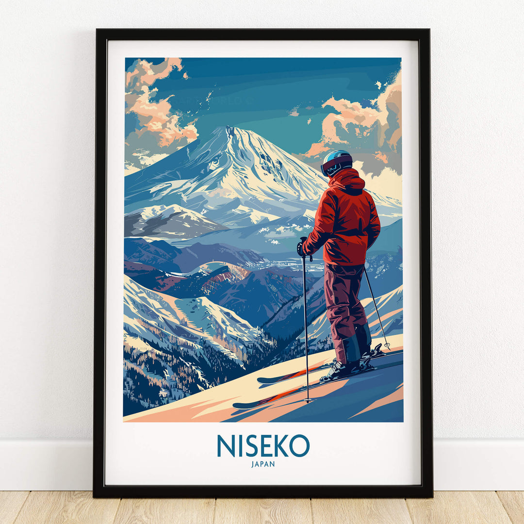 Niseko Wall Art Print - Ski Poster Japan featuring a skier on a snow-covered mountain in Japan.