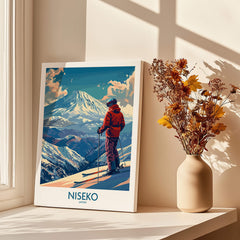 Niseko Wall Art Print - Ski Poster Japan featuring a skier overlooking snow-covered mountains in a sunlit room.