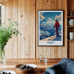 Niseko Wall Art Print - Ski Poster Japan displayed in a rustic setting with wooden walls and decorative elements.