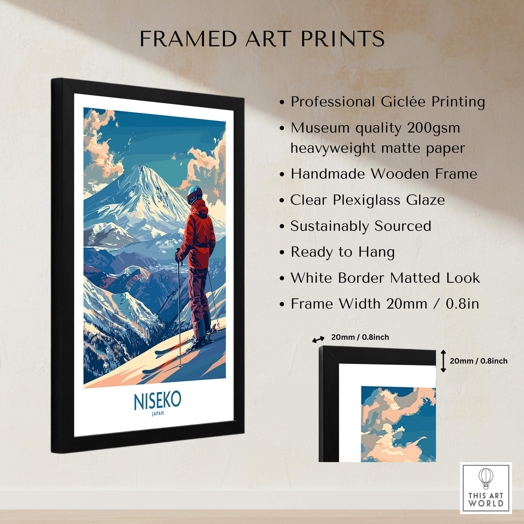 Niseko Wall Art Print - Ski Poster Japan framed art print featuring snow-covered mountains and a skier.