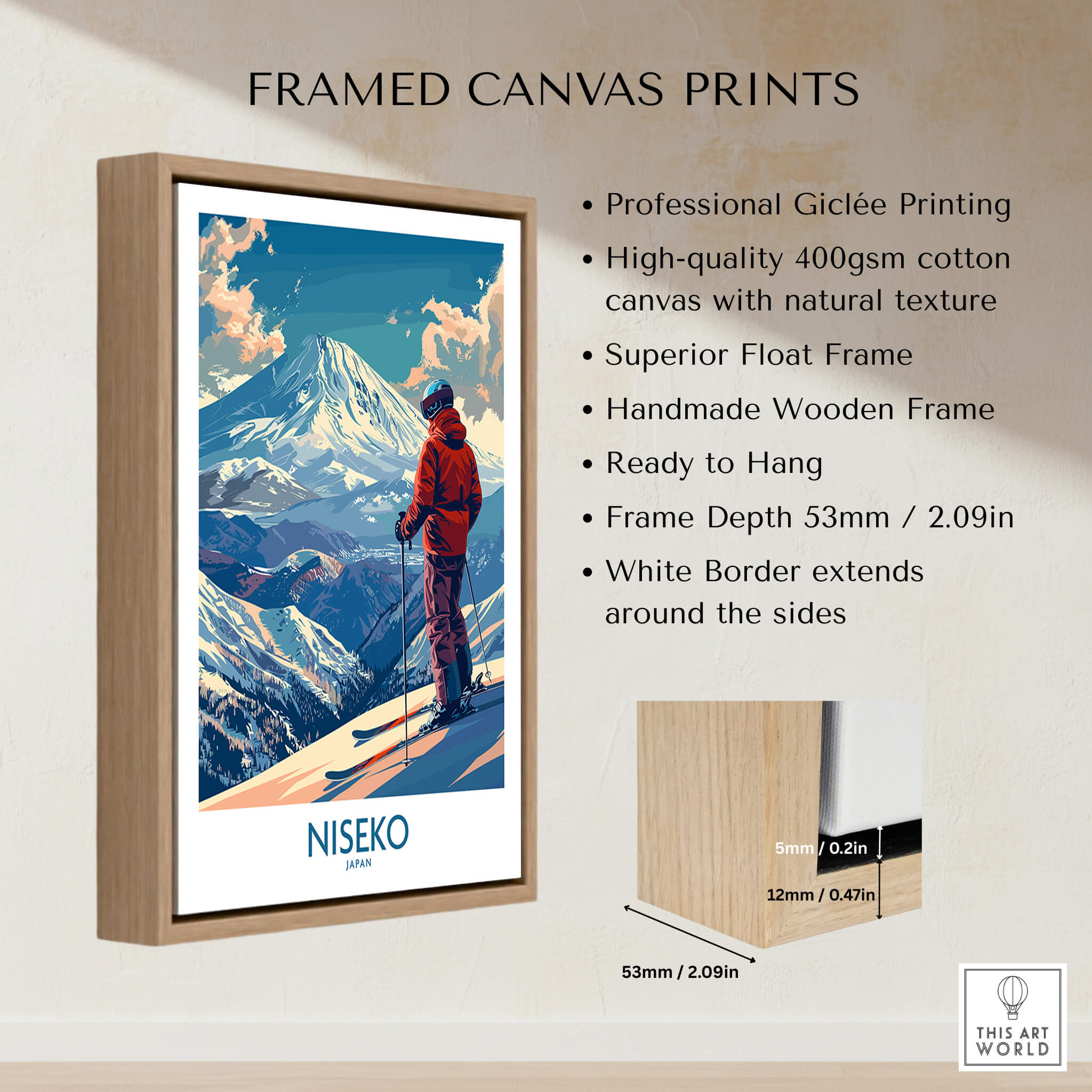 Niseko Wall Art Print - Ski Poster Japan framed canvas print featuring snow-covered mountains and skier.