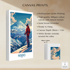 Niseko Wall Art Print - Ski Poster Japan displayed with professional Giclée printing, showcasing snow-covered mountains and skier.