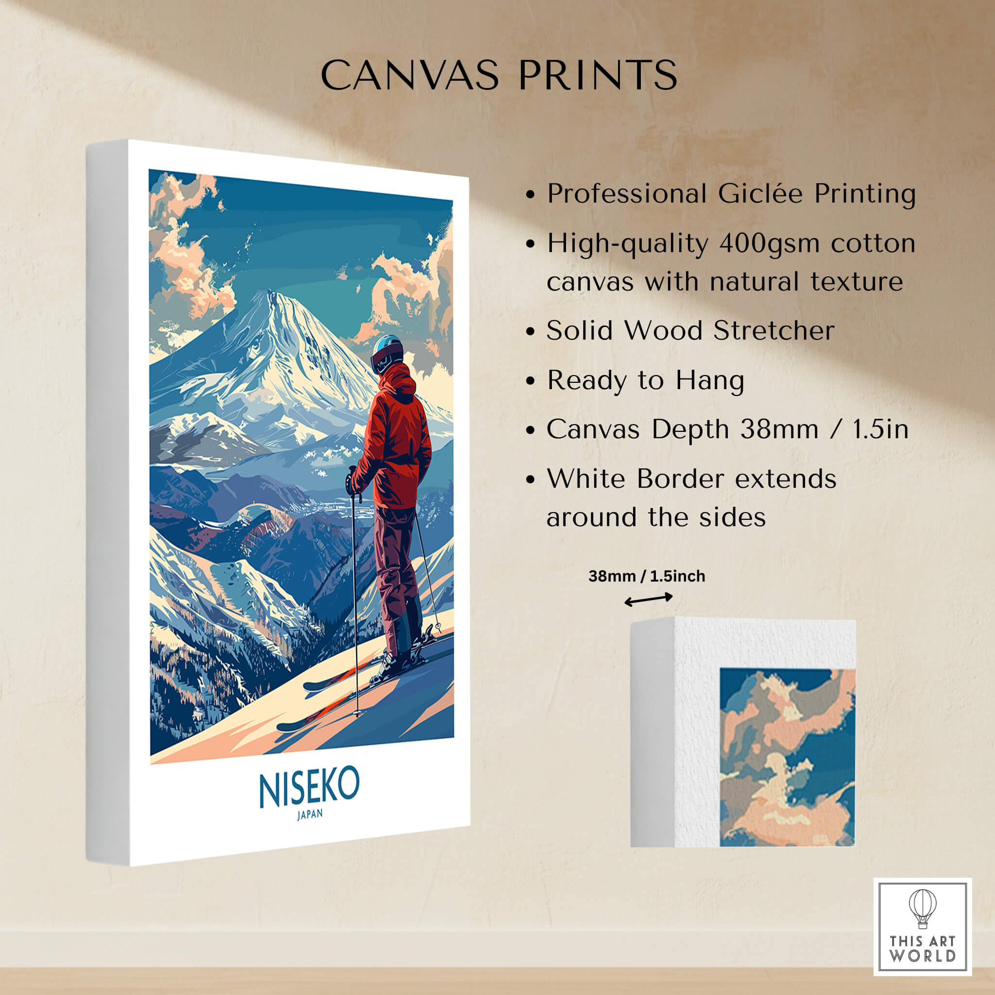 Niseko Wall Art Print - Ski Poster Japan displayed with professional Giclée printing, showcasing snow-covered mountains and skier.