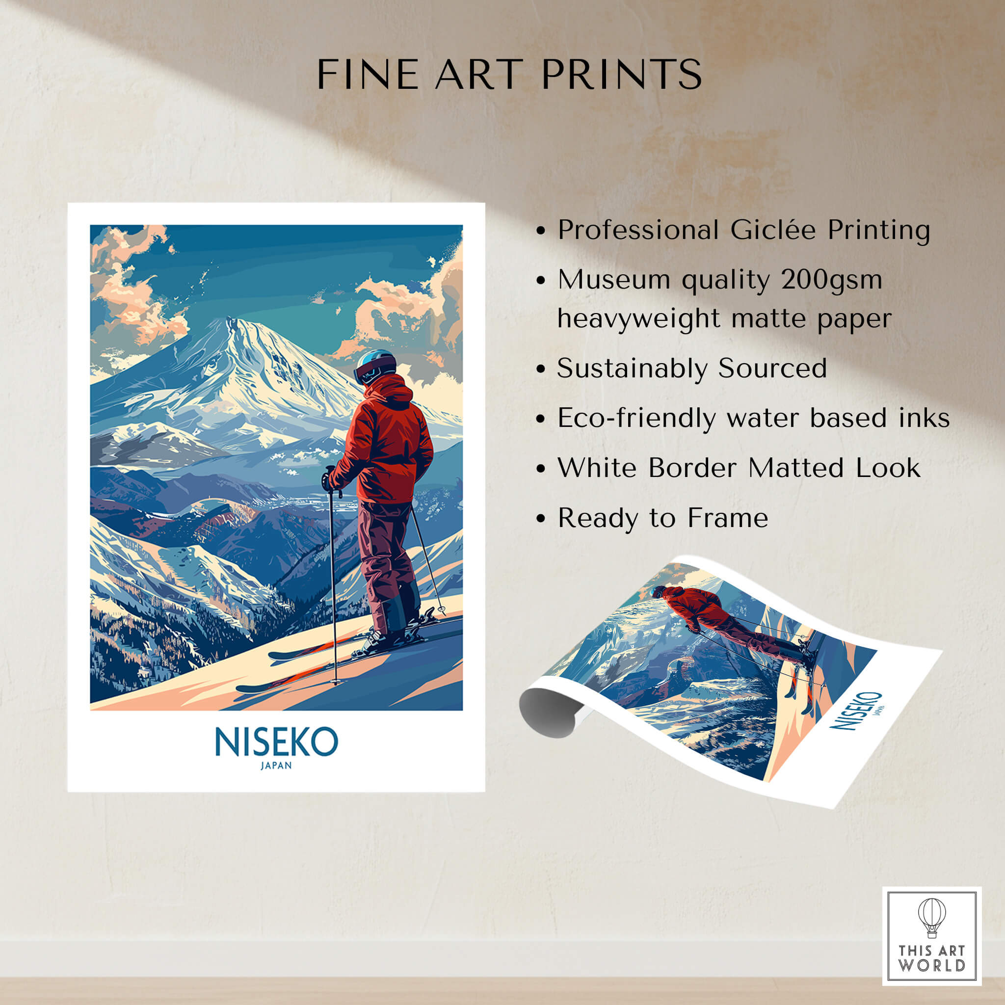 Niseko Wall Art Print - Ski Poster Japan showcasing a skier against snow-covered mountains in vibrant colors.