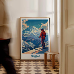 Niseko Wall Art Print - Ski Poster Japan featuring a skier in front of stunning snow-covered mountains.