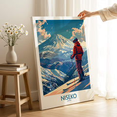 Niseko Wall Art Print - Ski Poster Japan featuring a skier on snow-covered mountains.