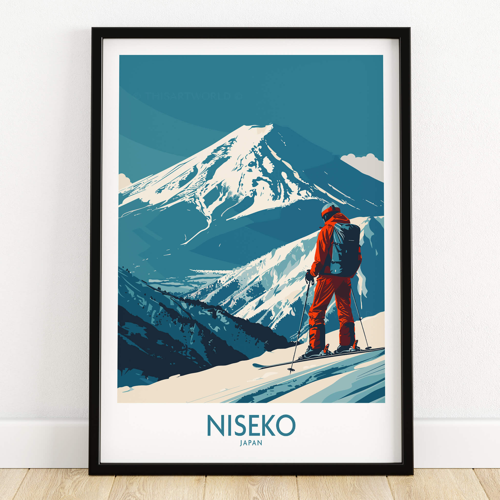 Niseko Art Print - Ski Poster Japan showcasing a skier on snow-covered mountains in Niseko, Japan.