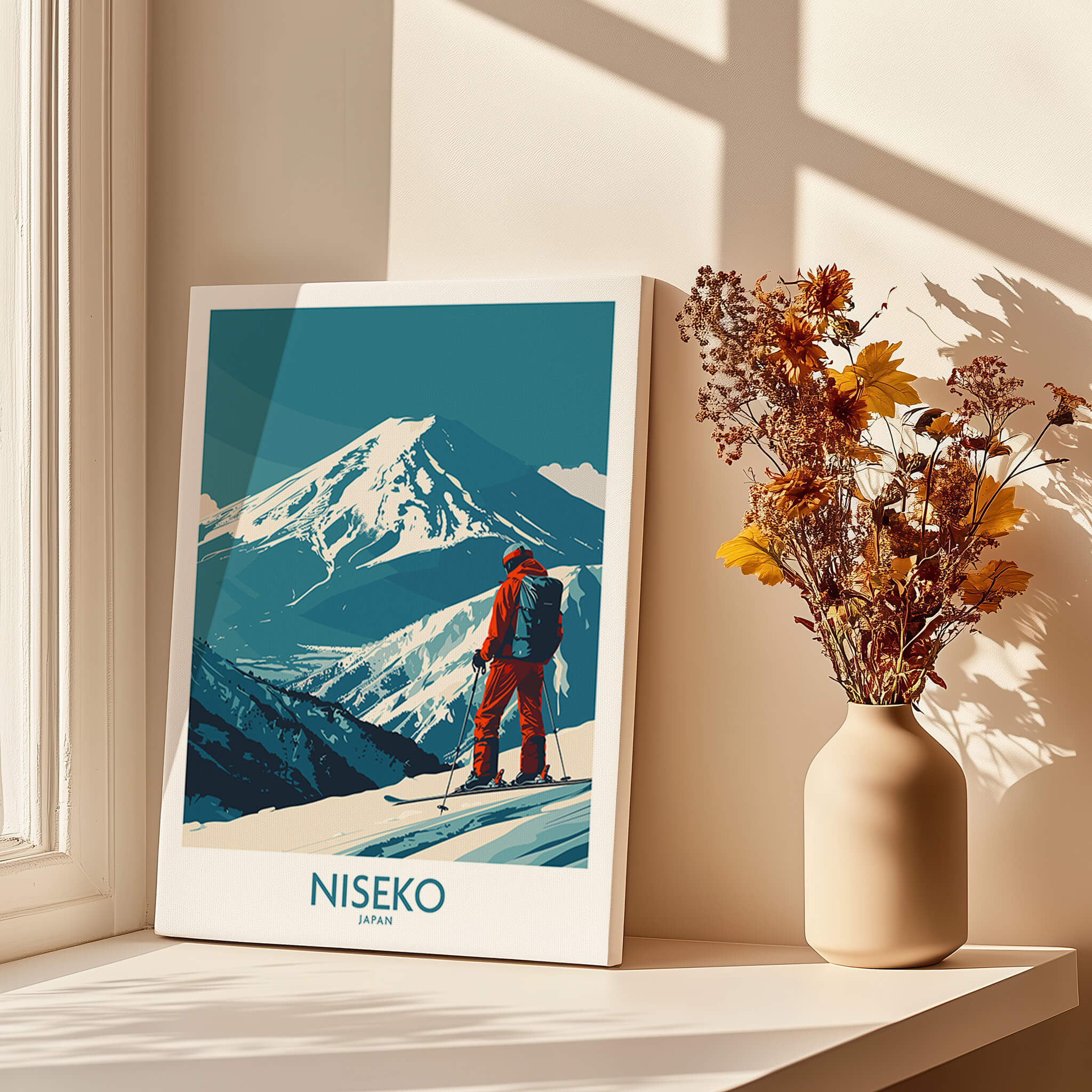 Niseko Art Print - Ski Poster Japan, showcasing a skier with stunning mountains in the background.