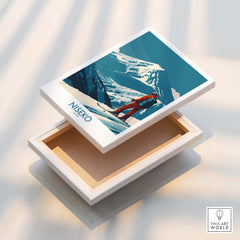 Niseko Art Print - Ski Poster Japan beautifully displayed on a wooden box, showcasing a skier against snow-capped mountains.