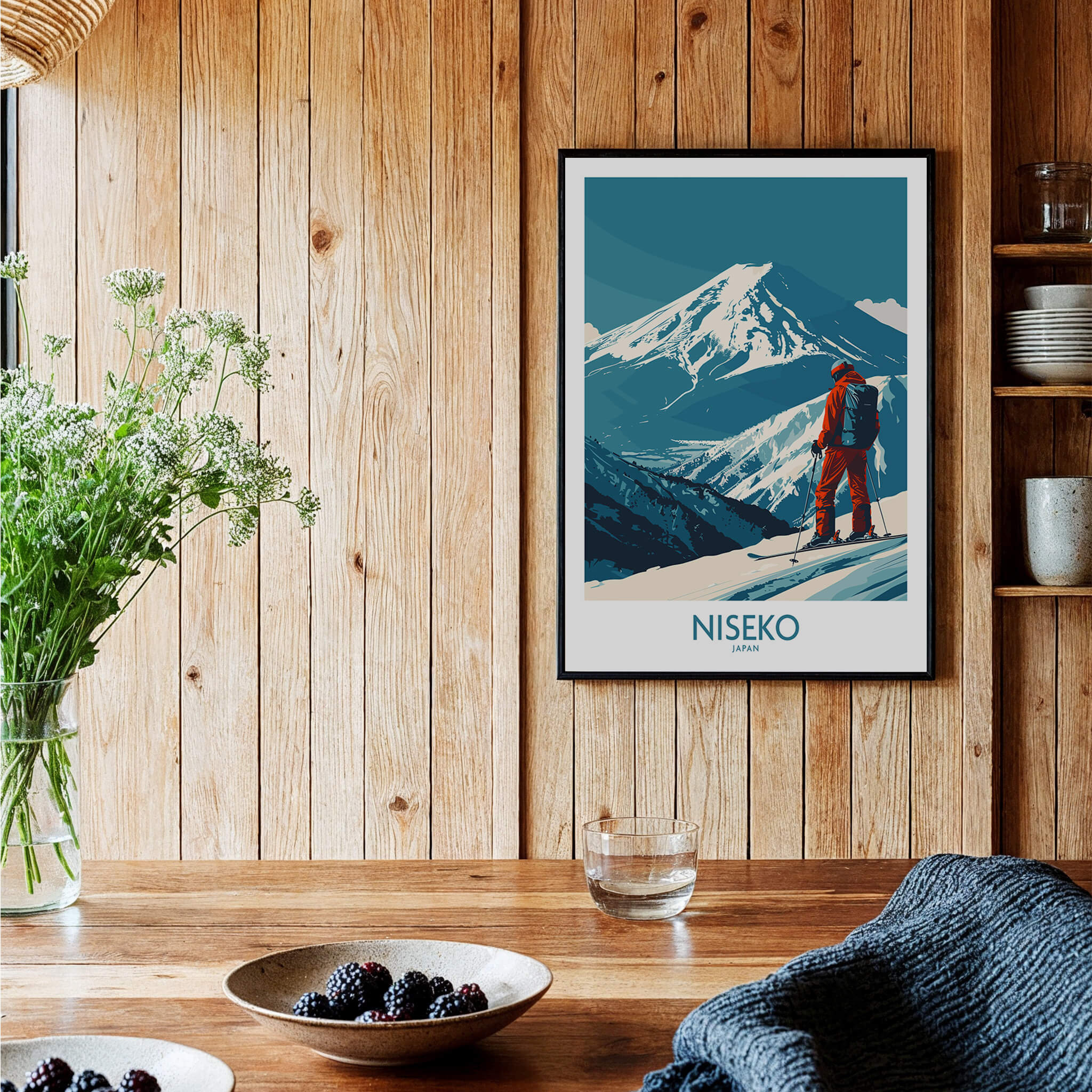 Niseko Art Print - Ski Poster Japan featuring a skier overlooking snow-covered mountains in a cozy interior.