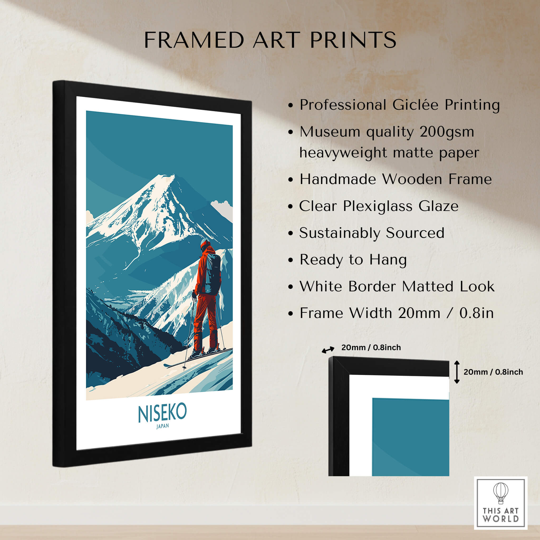 Niseko Art Print - Ski Poster Japan framed art print showcasing skiing in Niseko, Japan with a handmade wooden frame.