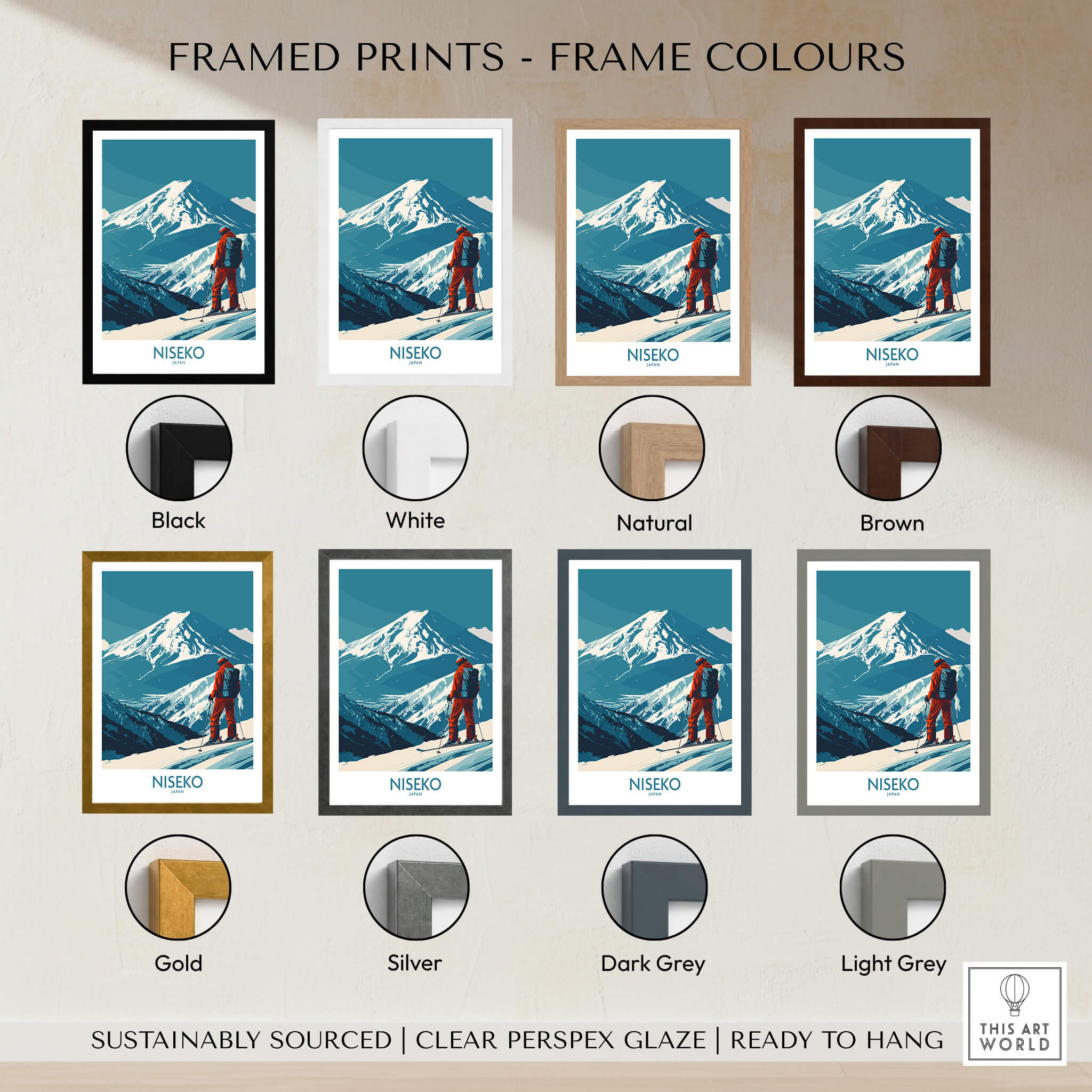 Framed prints in various colors for Niseko Art Print - Ski Poster Japan showcasing frame options.