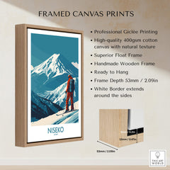 Niseko Art Print - Ski Poster Japan framed canvas print showcasing a skier amidst snow-covered mountains.