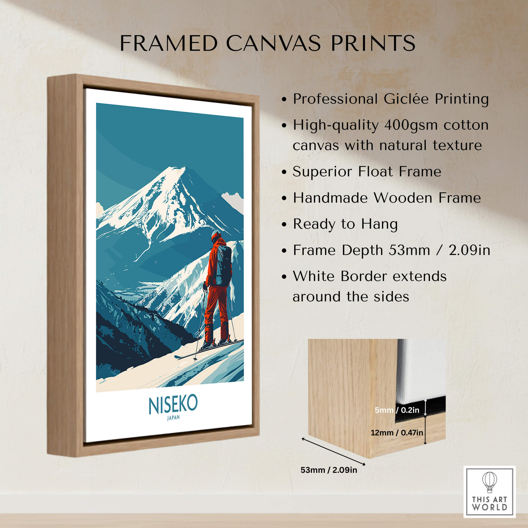 Niseko Art Print - Ski Poster Japan framed canvas print showcasing a skier amidst snow-covered mountains.