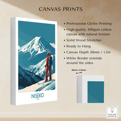 Niseko Art Print - Ski Poster Japan showcasing a skier on a mountain with vibrant colors and a professional Giclée finish.