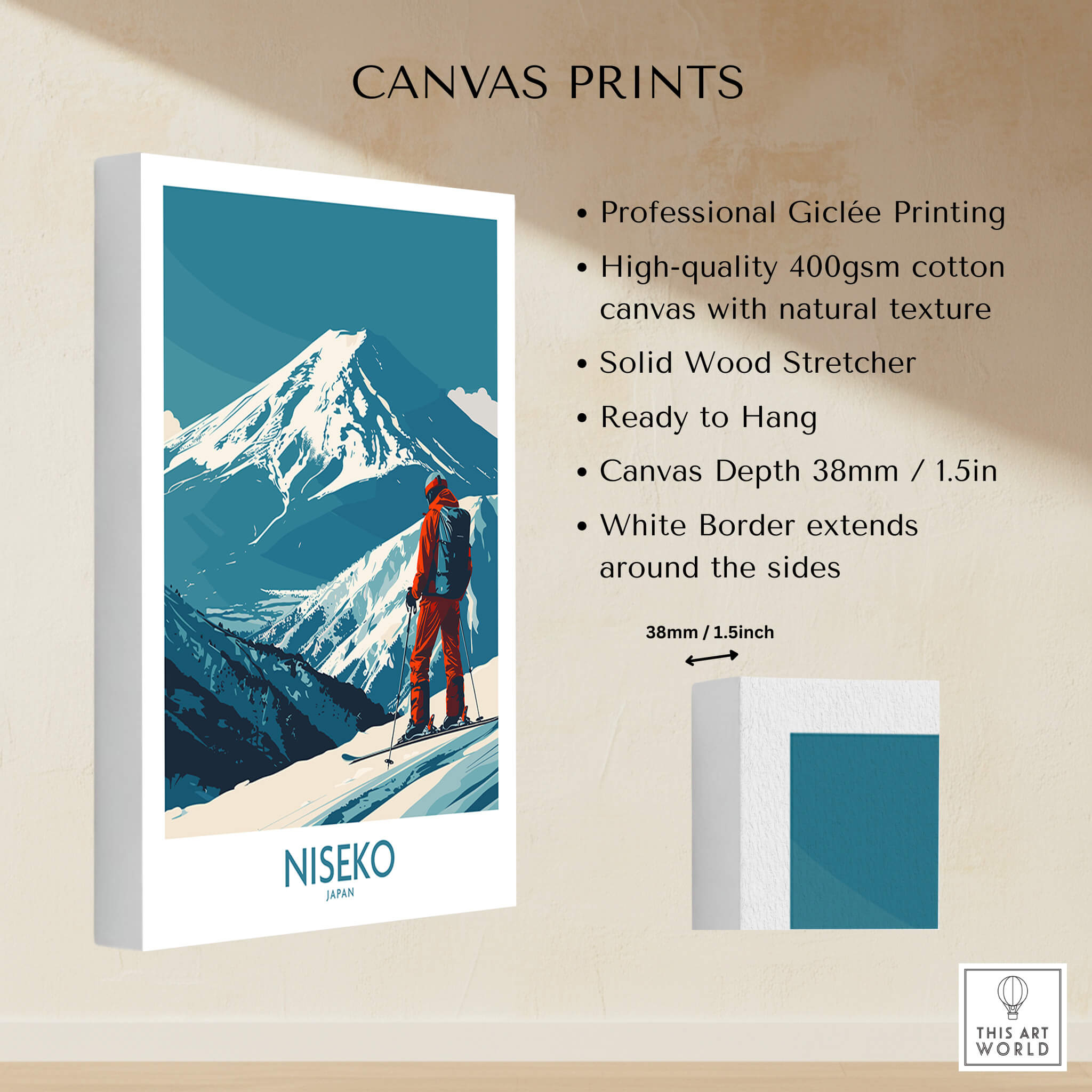 Niseko Art Print - Ski Poster Japan showcasing a skier on a mountain with vibrant colors and a professional Giclée finish.