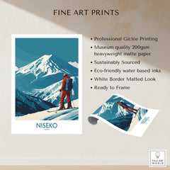 Niseko Art Print - Ski Poster Japan showcasing skiing in Niseko with mountains and village atmosphere.
