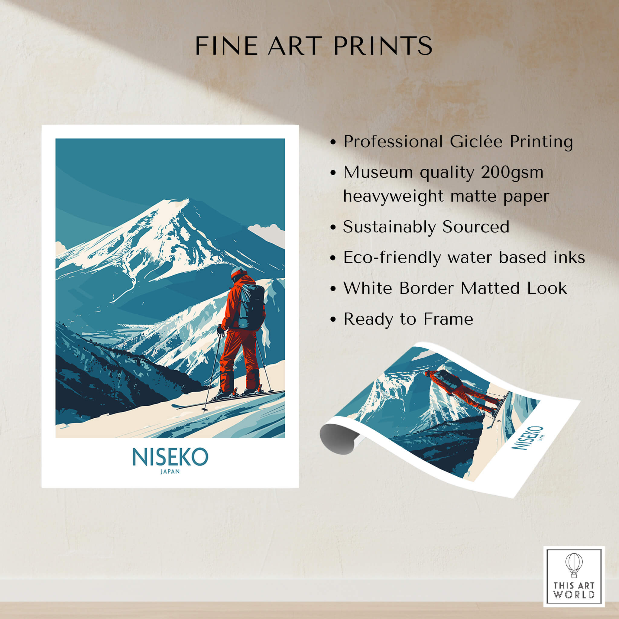 Niseko Art Print - Ski Poster Japan showcasing skiing in Niseko with mountains and village atmosphere.