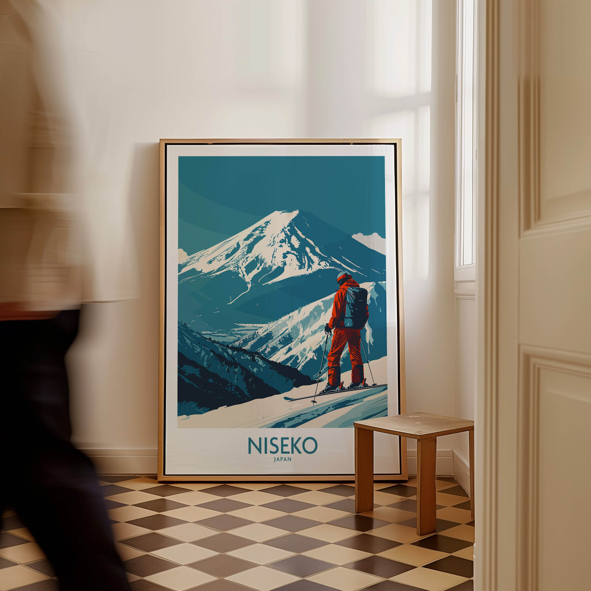 Niseko Art Print - Ski Poster Japan featuring a skier on a snow-covered mountain in a stylish interior setting.