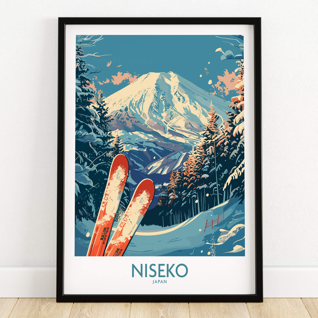 Niseko Poster Japan featuring stunning mountain landscape and skis, perfect for ski enthusiasts and home decor.