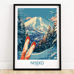 Niseko Poster Japan featuring stunning mountain landscape and skis, perfect for ski enthusiasts and home decor.