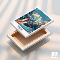 Niseko Poster Japan featuring snowy mountains and skis in a premium art box.