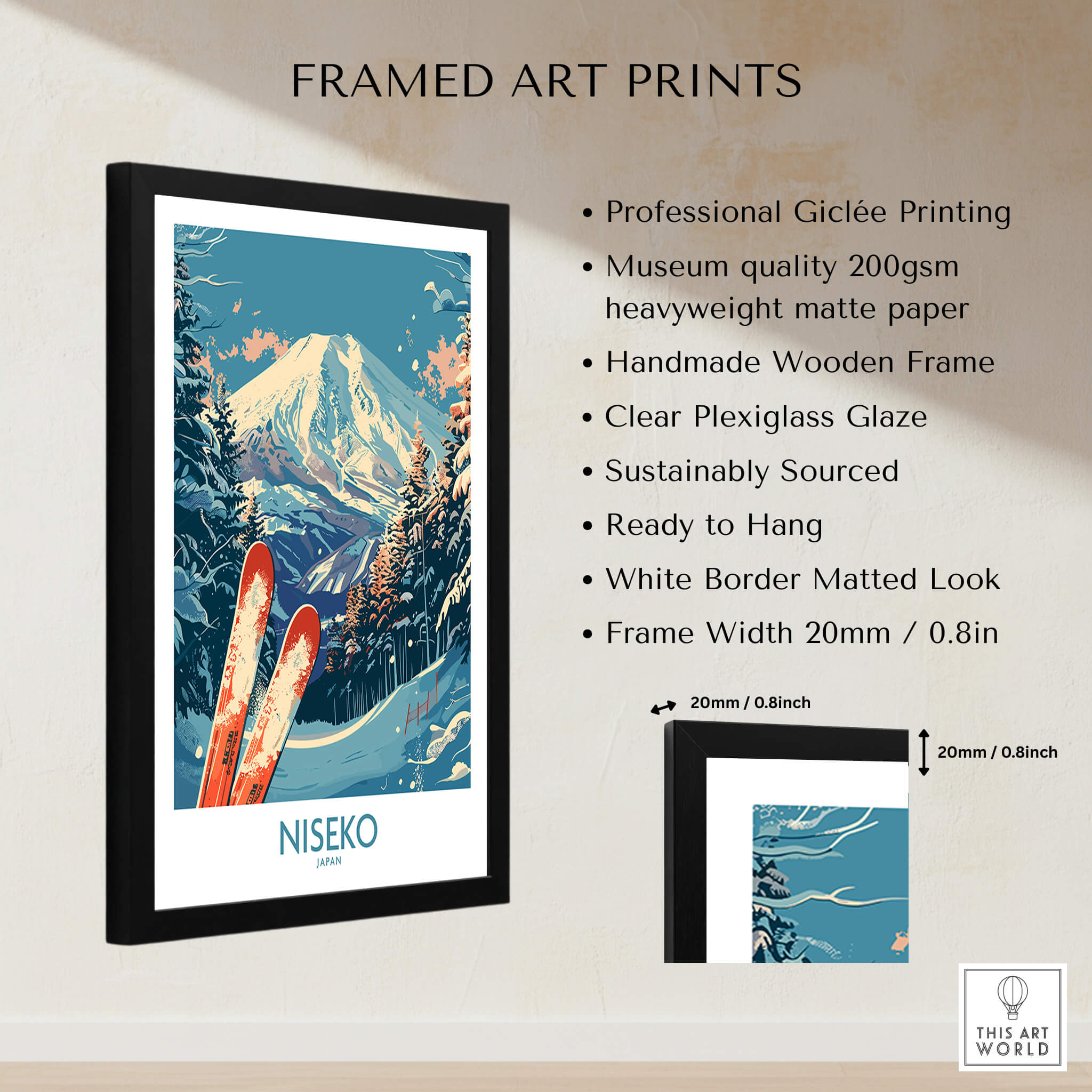 Niseko Poster Japan framed art print showcasing stunning landscapes and ski slopes, perfect for ski enthusiasts.
