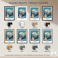 Niseko Poster Japan showcased with various frame colors including black, white, natural, brown, gold, silver, dark grey, and light grey.